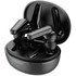 A pair of black earbuds in a charging case, featuring a glossy finish and a logo on the case.