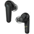 Black wireless earbuds with a glossy finish, featuring a logo and a silicone tip for comfort.