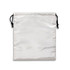 A medium satin gift bag in white with black drawstrings and a smooth, shiny surface.