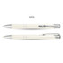 A cream-coloured pen with a shiny finish and silver accents, featuring a logo on its body.