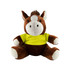 A brown horse plush toy wearing a bright yellow shirt, featuring a soft textured finish and large, friendly features.