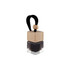 A black car reed diffuser in a clear glass container, topped with a wooden cap and a black cord.