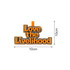 A custom felt hanging tag in orange and black, featuring a logo. Dimensions are 10cm by 10cm.