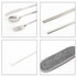 A stainless steel flatware set featuring a knife, spoon, fork, chopsticks, and a cleaning brush in a grey case.