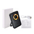 A black 10000mAh magnetic wireless power bank with a gold circle design and a built-in phone stand, accompanied by a charging cable and user manual.
