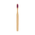 A large flat handle toothbrush with a bamboo body and a purple bristle head, featuring a logo on the handle.