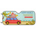 A full colour printed bubble aluminium car sun shade featuring a red car with beach items and a tropical background.