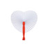 A heart-shaped plastic fan with a red handle and white, pleated fan section. Brand logo visible on the handle.