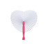 A heart-shaped plastic paper fan featuring a pink handle and white pleated paper design.