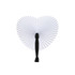 A heart-shaped plastic paper fan in white with a black handle, featuring pleated design.
