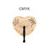 A heart-shaped plastic paper fan in shades of beige with illustrations of a turtle and lizard, featuring a black handle.