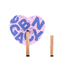 A heart-shaped wooden paper fan features a pink background with large blue text and natural wood sticks.