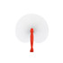 A peach-shaped plastic paper fan featuring a red handle and a white fan surface. It has a logo on the handle.