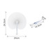 A white plastic handle paper fan with a peach shape, measuring 24.5 cm by 24 cm, alongside a transparent packaging.
