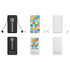 A collection of three power banks in various designs: one black, one white, and one with a colourful pattern, each including a charging cable.