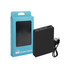 A black square power bank is displayed in its blue packaging, accompanied by a USB cable.