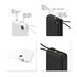 A 10,000mAh power bank in black and white with USB ports and integrated charging cables. Contains a logo.