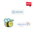 Custom acrylic name badges in various shapes, featuring a bee design and a logo, predominantly in white and colour.