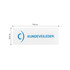 A custom acrylic name badge in white with blue text, measuring 76mm by 50mm, featuring a logo.