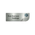 A custom metal name badge in silver with geometric designs and a logo on the side.