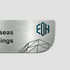 A custom metal name badge featuring a brushed silver finish and a logo in blue and black.