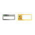 Two reusable metal name badges in silver and gold finishes, featuring a clear window for name display and logos.