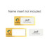 A reusable metal name badge in gold, featuring a clear insert area and a logo.