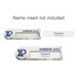 A custom reusable metal name badge in silver with a logo and space for a name insert.