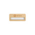A reusable wooden name badge in light wood with a clear window and a logo.