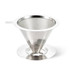 A stainless steel coffee filter with a stand, featuring a sleek, shiny surface and a conical shape.