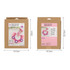 A crochet kit packaging featuring a pink and purple pet bib design, with dimensions and a branding logo.