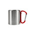 A stainless steel insulated travel mug with a shiny finish and a red carabiner handle. Includes a logo.
