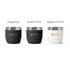 Three stackable stainless steel tumblers in black and white, featuring different logos and prints.