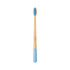 A large conical handle toothbrush with a blue head and bamboo handle, featuring a logo on the handle.