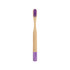 A small round handle bamboo toothbrush with a purple bristle head and purple bottom. It features a logo.