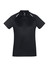 A black women's polo shirt with short sleeves and white detailing, featuring a logo on the chest.