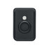 A black PU magnetic card and AirTag holder featuring a circular slot and a metal snap button.