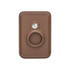 A brown PU magnetic card and Airtag holder with a circular attachment loop and a metallic button.