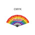 A rainbow-coloured plastic hand fan with a black frame and a logo on it.