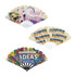 A collection of colourful plastic hand fans featuring various designs and a logo, including themes like summer and ideas month.