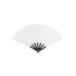 A plastic hand fan with white blades and a black handle, designed for cooling. It features a logo on the handle.