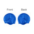A blue swimming cap with earmuffs, displayed from the front and back, featuring a logo.