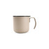 A stainless steel insulated mug in a beige colour with a black rim and handle. It features a logo.