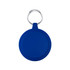 A blue circular keychain with a textured surface and a metal keyring attachment.