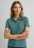 A women's short sleeve polo shirt in teal, featuring a collar and a logo on the chest.