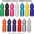 A drink bottle available in various colours including green, black, white, yellow, and orange, featuring a logo.