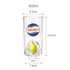 A glass cup with a custom spinner toy in the shape of a lemon, featuring a logo and measurements.