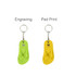 A thongs-shaped keyring with a green version on the left and a yellow version on the right. Both have a logo.