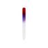 A gradient coloured glass nail file featuring a red to purple fade, with a clear tip and a logo on the handle.