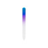 A gradient coloured glass nail file featuring blue, purple, and white tones, with a smooth, pointed design and a logo.
